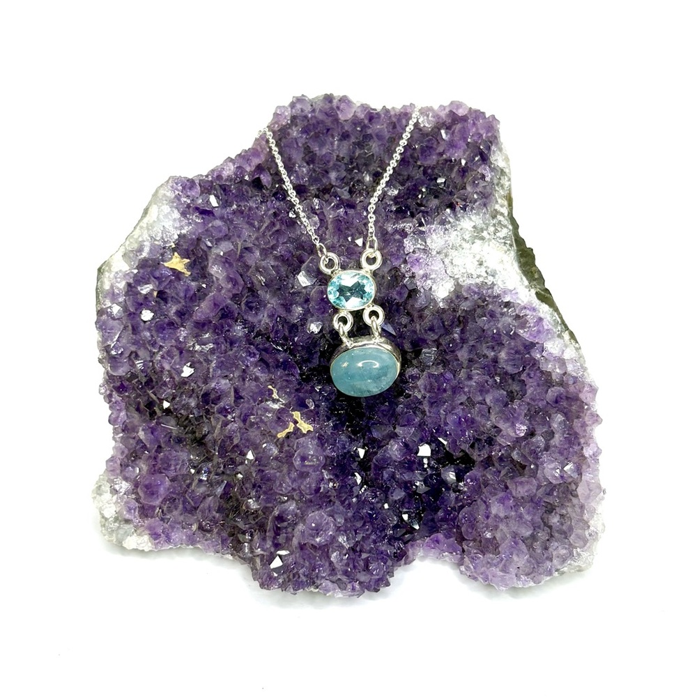 Gemstone Pendant Blue Topaz & Aquamarine Necklace on 16-18 Sterling Silver Chain